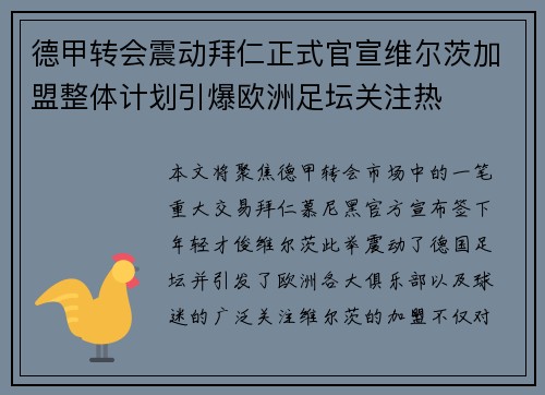 德甲转会震动拜仁正式官宣维尔茨加盟整体计划引爆欧洲足坛关注热