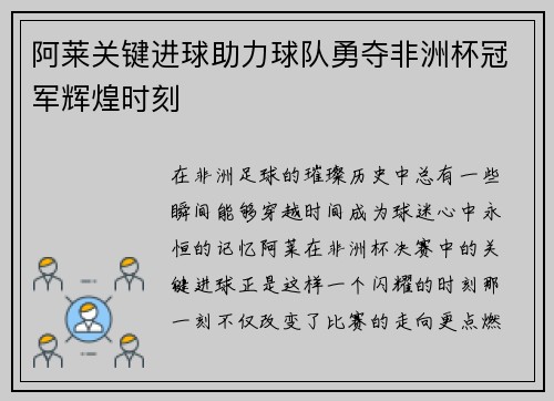 阿莱关键进球助力球队勇夺非洲杯冠军辉煌时刻